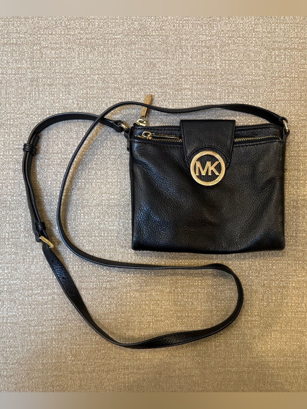 Michael Kors Black Leather Crossbody with Gold MK Emblem